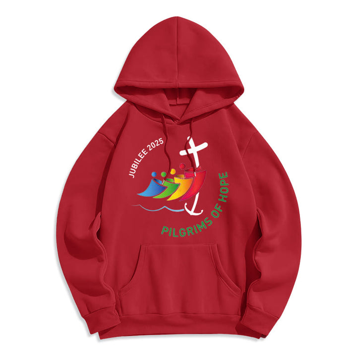 Felpa con cappuccio in poliestere foderata in pile stile colorato "Pellegrini della speranza Giubileo" Christianartworkshop - Rosso - 2XL - image 6