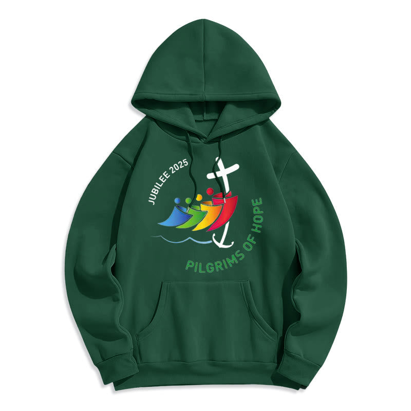 Felpa con cappuccio in poliestere foderata in pile stile colorato "Pellegrini della speranza Giubileo" Christianartworkshop - Verde - 2XL - image 8