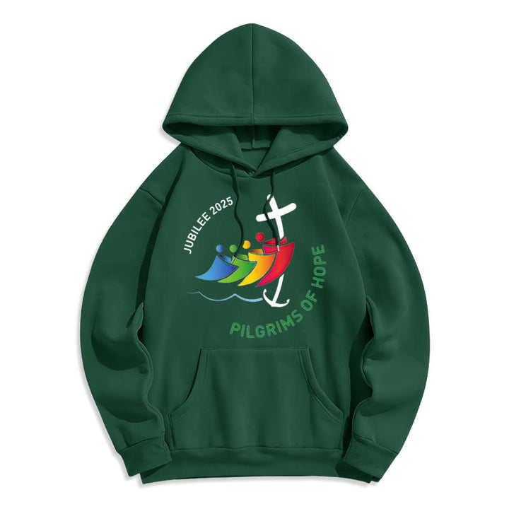 Felpa con cappuccio in poliestere foderata in pile stile colorato "Pellegrini della speranza Giubileo" Christianartworkshop - Verde - 2XL - image 8