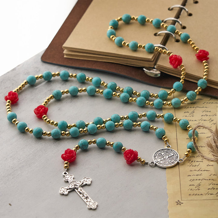 Christianartworkshop Elegante rosario rosso e blu con grani turchesi: benedetto dalla Madonna e da San Benedetto - image 4