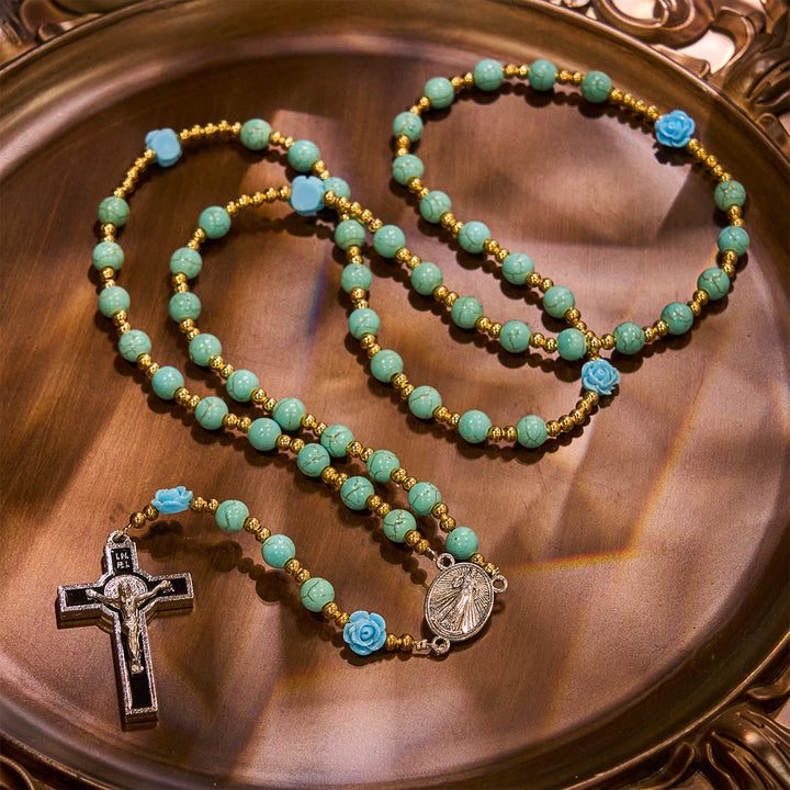 Christianartworkshop Elegante rosario rosso e blu con grani turchesi: benedetto dalla Madonna e da San Benedetto - image 16