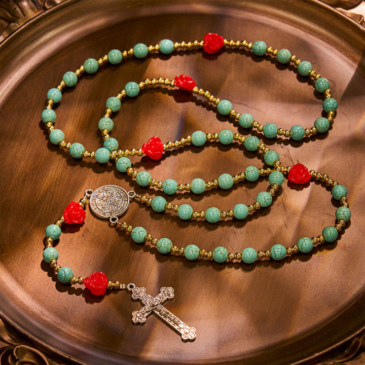 Christianartworkshop Elegante rosario rosso e blu con grani turchesi: benedetto dalla Madonna e da San Benedetto - image 5