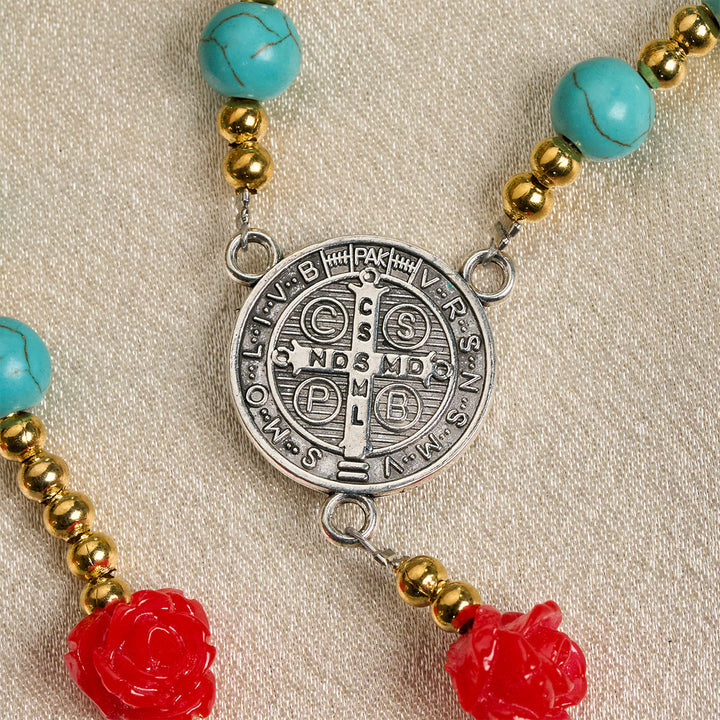 Christianartworkshop Elegante rosario rosso e blu con grani turchesi: benedetto dalla Madonna e da San Benedetto - image 7