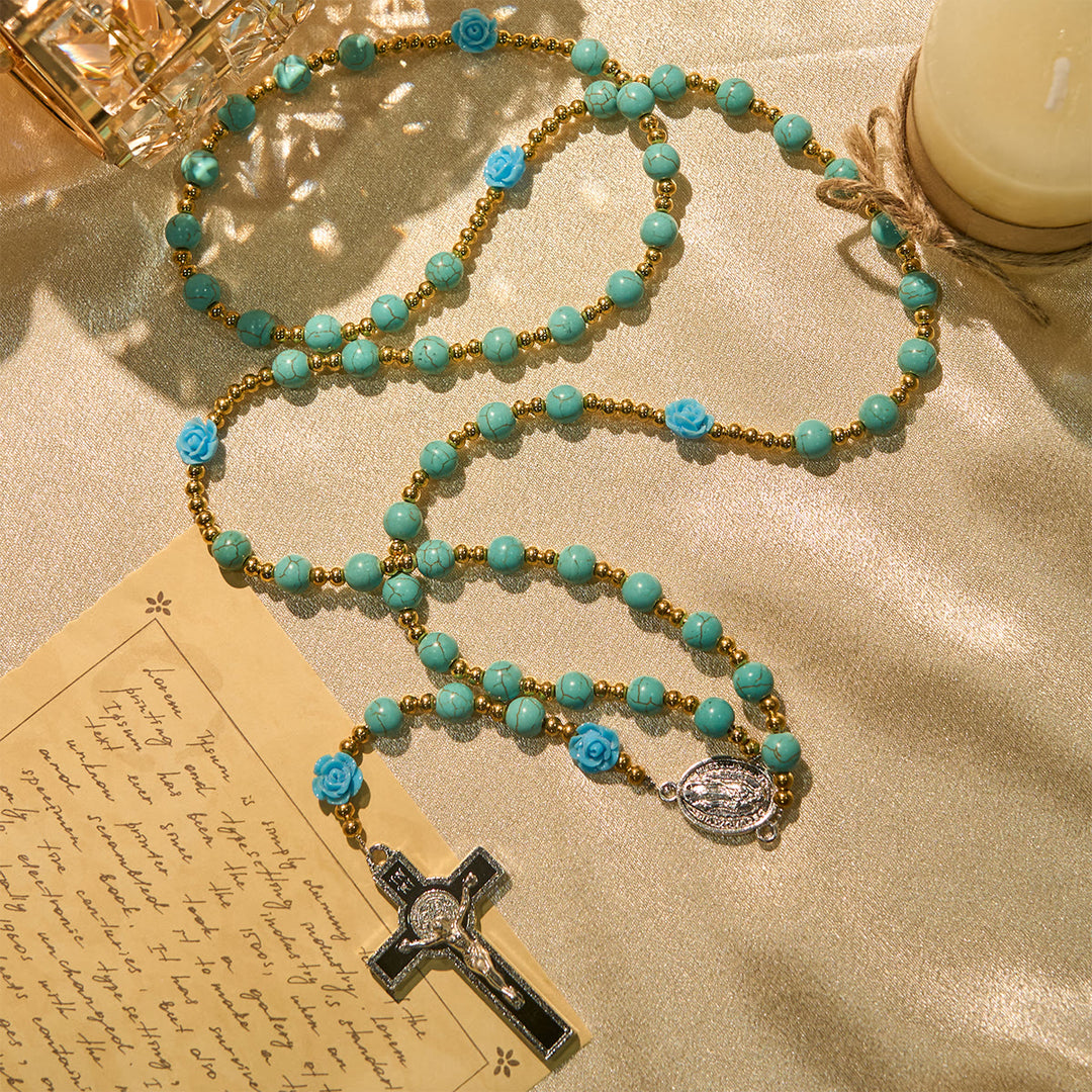 Christianartworkshop Elegante rosario rosso e blu con grani turchesi: benedetto dalla Madonna e da San Benedetto - image 12