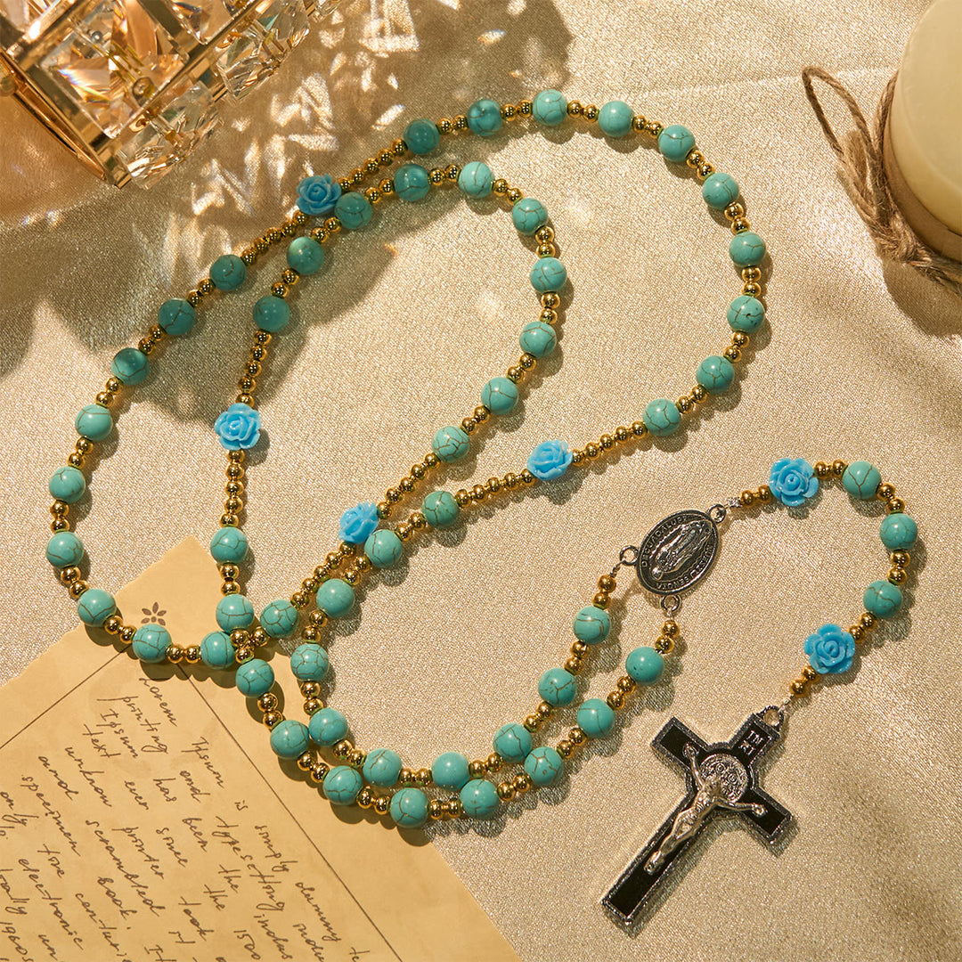 Christianartworkshop Elegante rosario rosso e blu con grani turchesi: benedetto dalla Madonna e da San Benedetto - Rosa blu - image 10