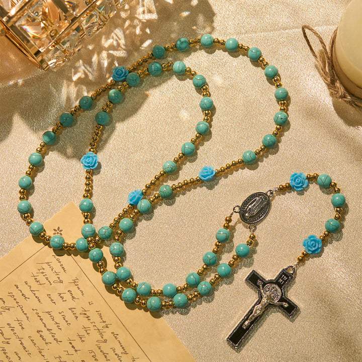 Christianartworkshop Elegante rosario rosso e blu con grani turchesi: benedetto dalla Madonna e da San Benedetto - Rosa blu - image 10