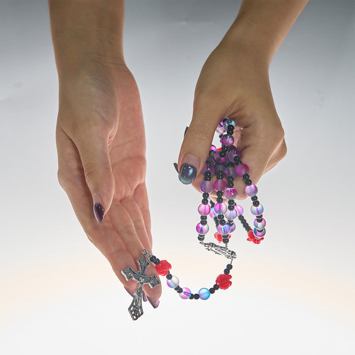 Rosario mistico con perline viola-blu smerigliate Christianartworkshop , rose rosse e benedizione della medaglia miracolosa - image 1
