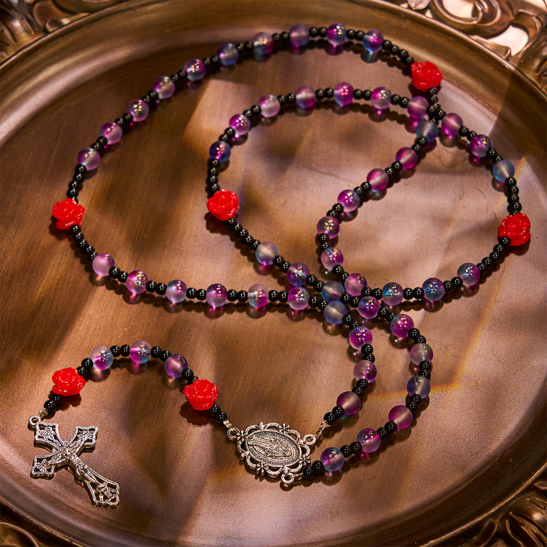 Christianartworkshop Rosario mistico con perline viola-blu smerigliate, rose rosse e benedizione della medaglia miracolosa - image 5