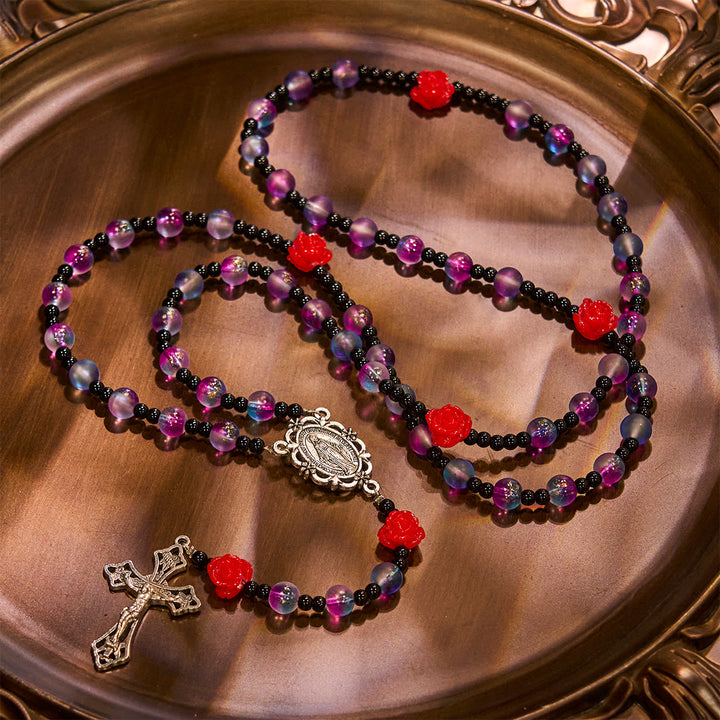 Christianartworkshop Rosario mistico con perline viola-blu smerigliate, rose rosse e benedizione della medaglia miracolosa - image 6