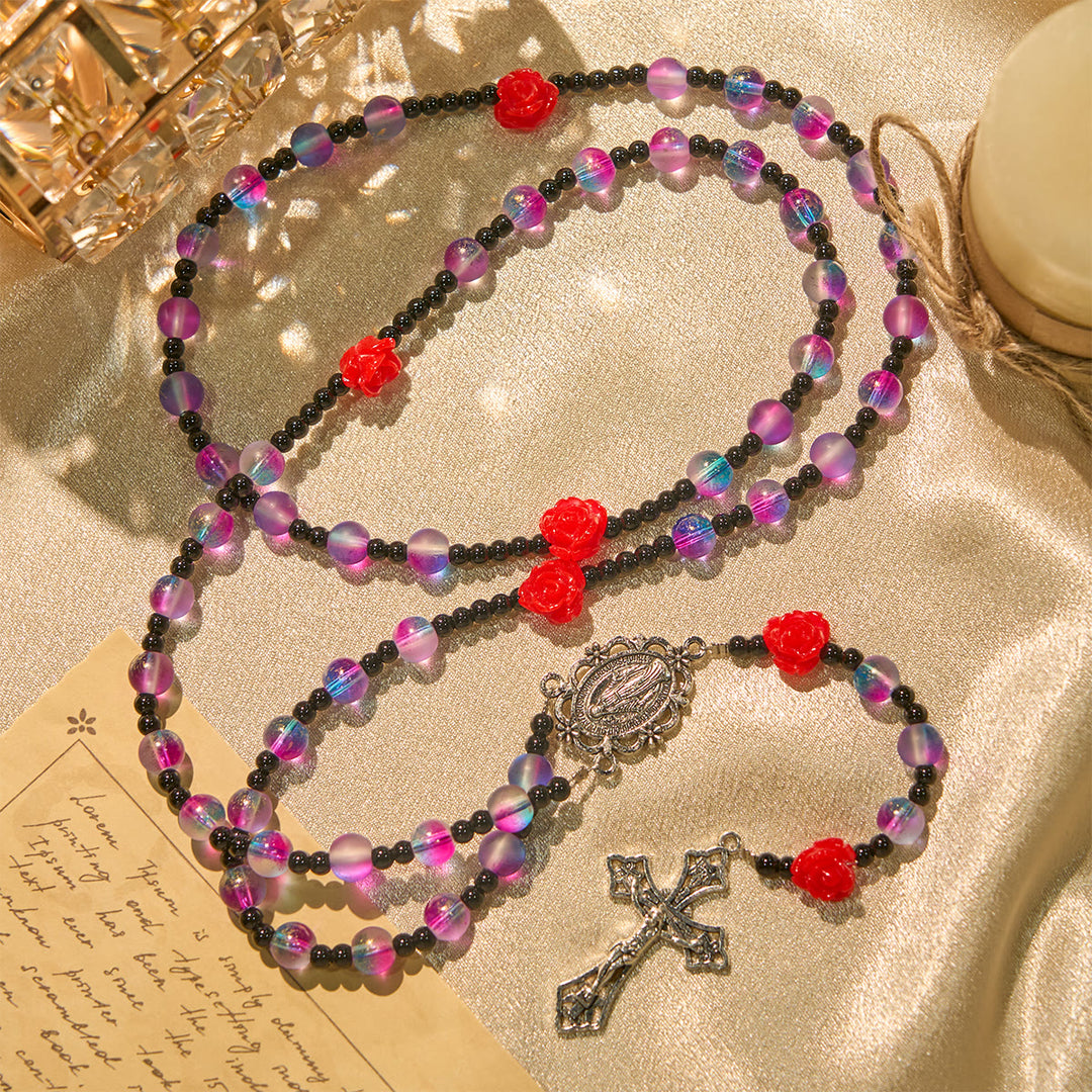 Christianartworkshop Rosario mistico con perline viola-blu smerigliate, rose rosse e benedizione della medaglia miracolosa - image 2