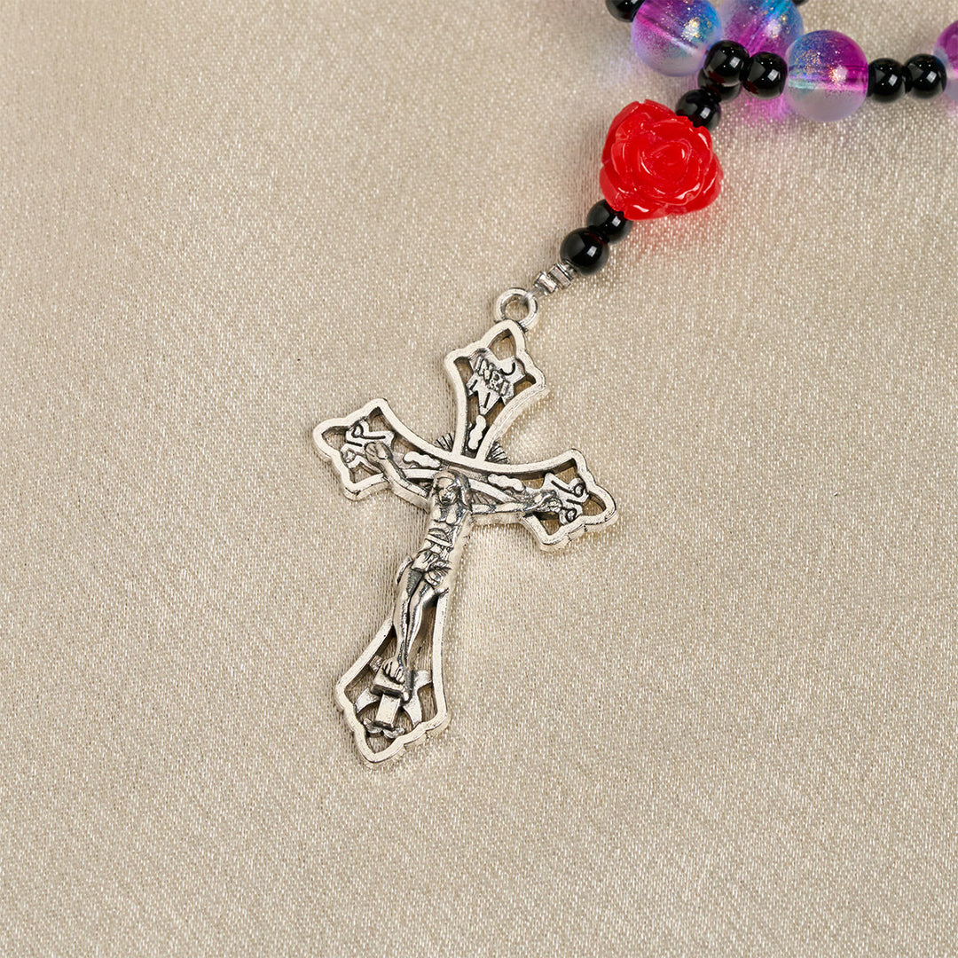 Christianartworkshop Rosario mistico con perline viola-blu smerigliate, rose rosse e benedizione della medaglia miracolosa - image 8