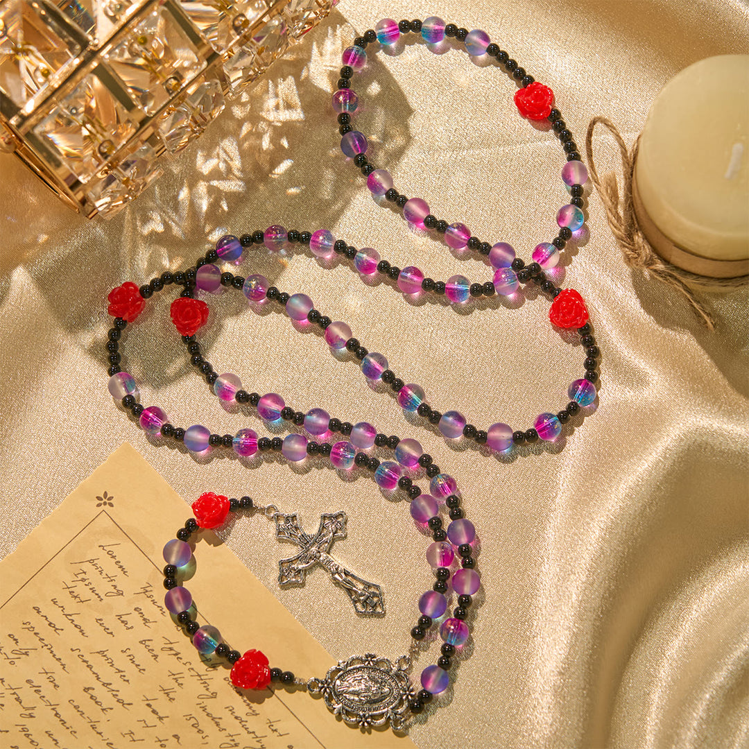 Christianartworkshop Rosario mistico con perline viola-blu smerigliate, rose rosse e benedizione della medaglia miracolosa - Viola - image 0