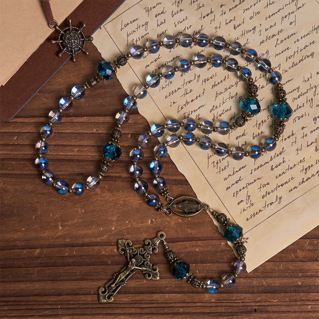 Rosario di cristallo blu laser scintillante Christianartworkshop con medaglia miracolosa in bronzo antico - Nostra Signora - image 0