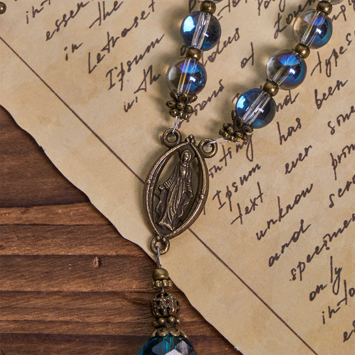 Rosario di cristallo blu laser scintillante Christianartworkshop con medaglia miracolosa in bronzo antico - image 7
