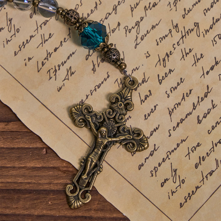 Rosario di cristallo blu laser scintillante Christianartworkshop con medaglia miracolosa in bronzo antico - image 6