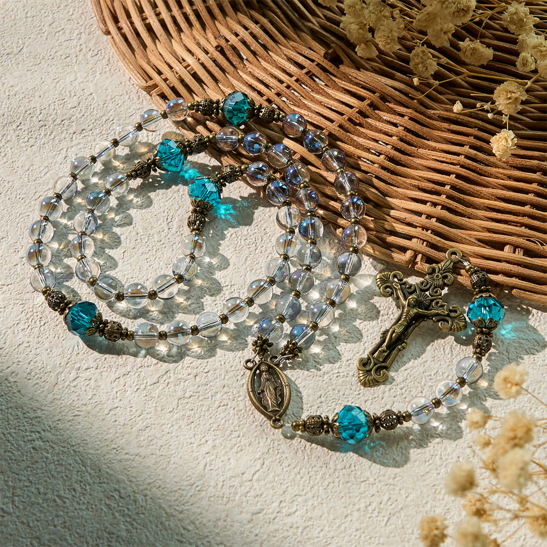 Rosario di cristallo blu laser scintillante Christianartworkshop con medaglia miracolosa in bronzo antico - image 4