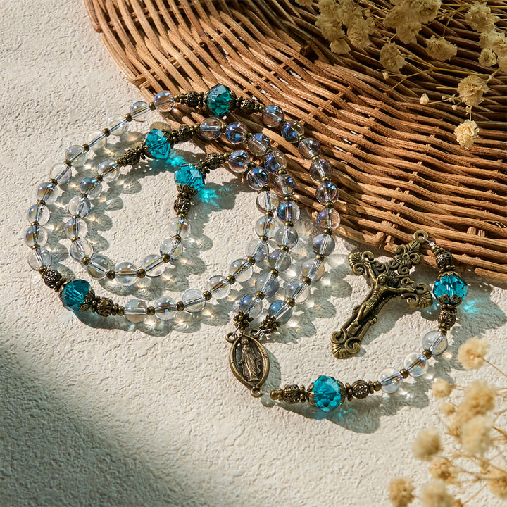 Rosario di cristallo blu laser scintillante Christianartworkshop con medaglia miracolosa in bronzo antico - image 4