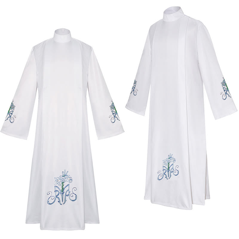 Christianartworkshop Grazioso abito clergy bianco con collo alto e motivo floreale di gigli blu - image 2