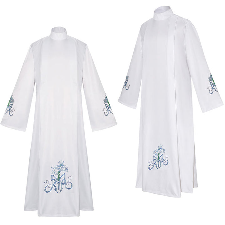 Christianartworkshop Grazioso abito clergy bianco con collo alto e motivo floreale di gigli blu - image 2