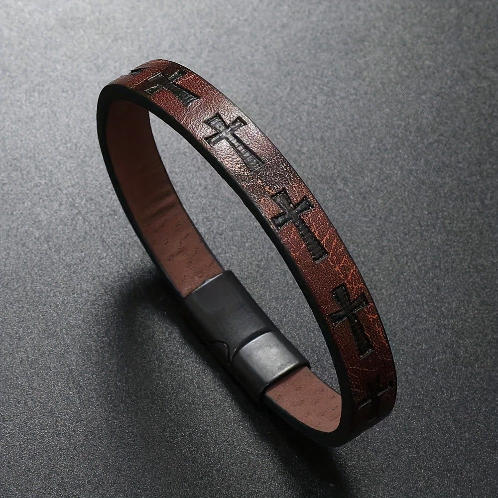 Christianartworkshop Bracciale con fibbia magnetica in pelle multicolore in stile classico con motivi a croce - image 0