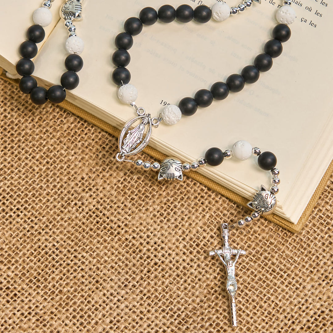 Christianartworkshop Braccialetto con ciondolo a forma di gatto e mucca in pietra lavica nera e bianca opaca e rosario con animali  - image 5