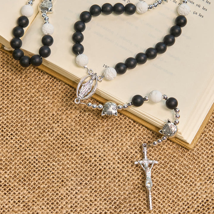 Christianartworkshop Braccialetto con ciondolo a forma di gatto e mucca in pietra lavica nera e bianca opaca e rosario con animali  - image 5
