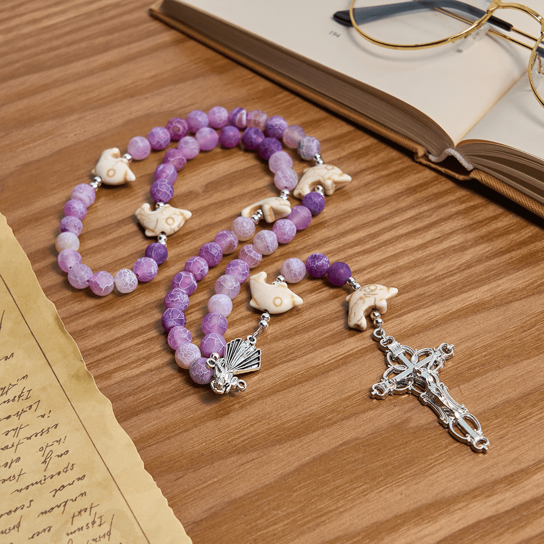 Christianartworkshop Oceano di fede Agata viola anticata e ciondolo a forma di delfino Rosario animale - image 5