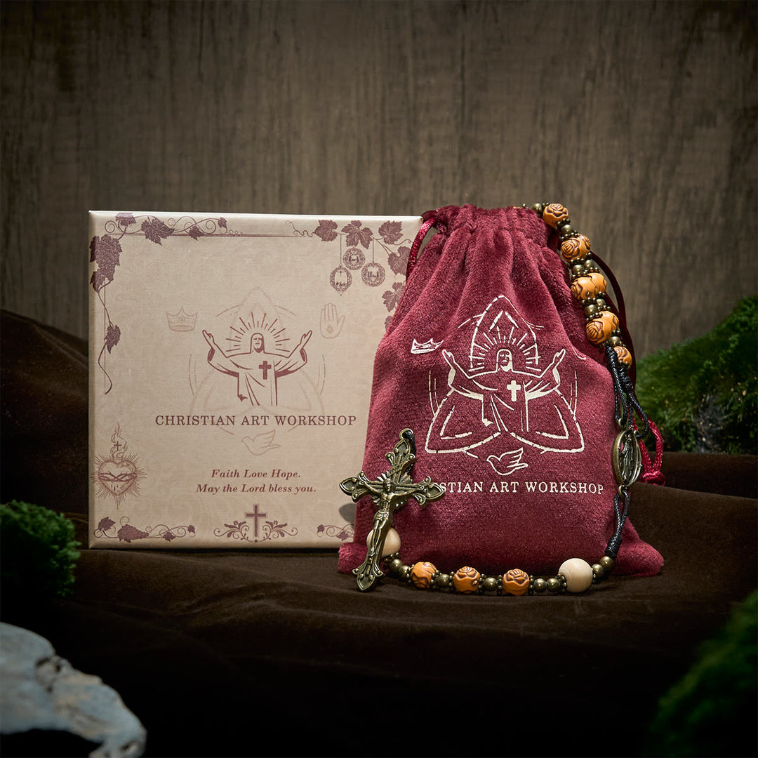 Christianartworkshop Perle di rosa squisite con crocifisso in bronzo e rosario con medaglia miracolosa - image 3