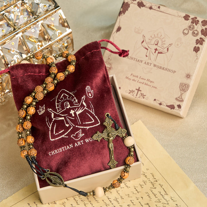 Christianartworkshop Perle di rosa squisite con crocifisso in bronzo e rosario con medaglia miracolosa - image 2