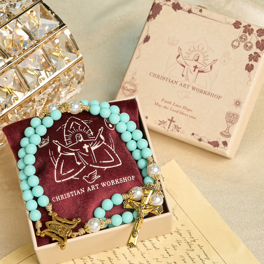 Christianartworkshop Perline e perle verde menta fatte a mano con medaglia miracolosa e rosario con crocifisso - image 2
