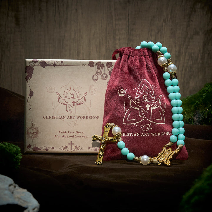 Christianartworkshop Perline e perle verde menta fatte a mano con medaglia miracolosa e rosario con crocifisso - image 3