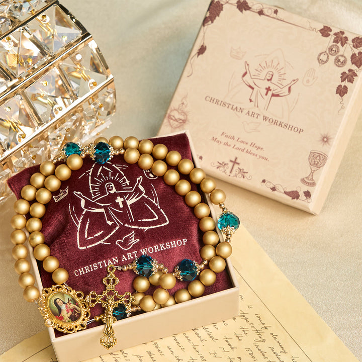 Christianartworkshop Elegante rosario in perle dorate opache con Santa Teresa e Crocifisso - image 5