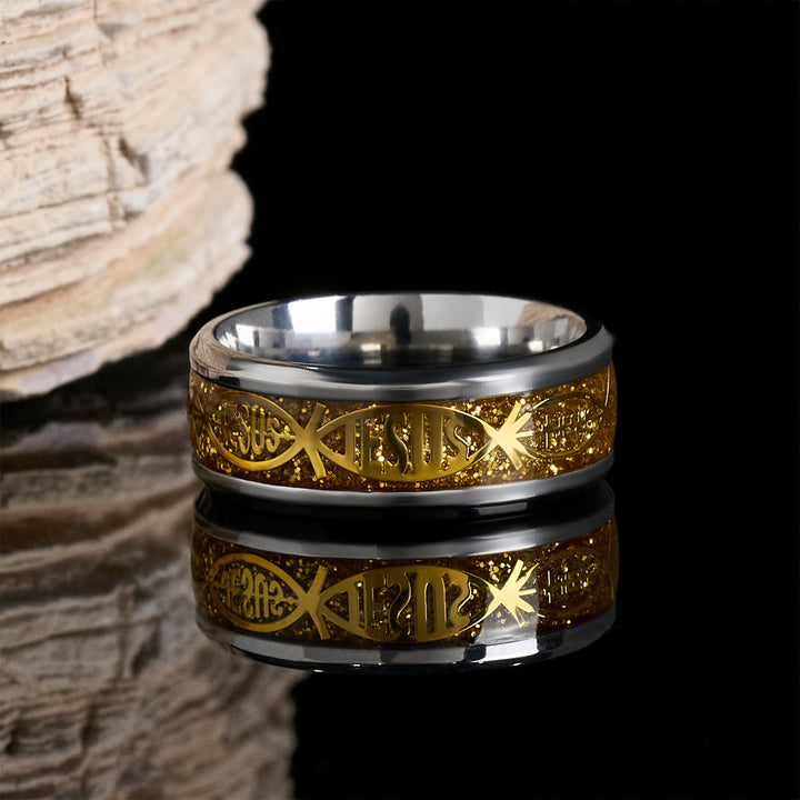 Anello rustico in acciaio inossidabile Christianartworkshop : "Gesù" in pesce - D'oro - US 13 - image 3