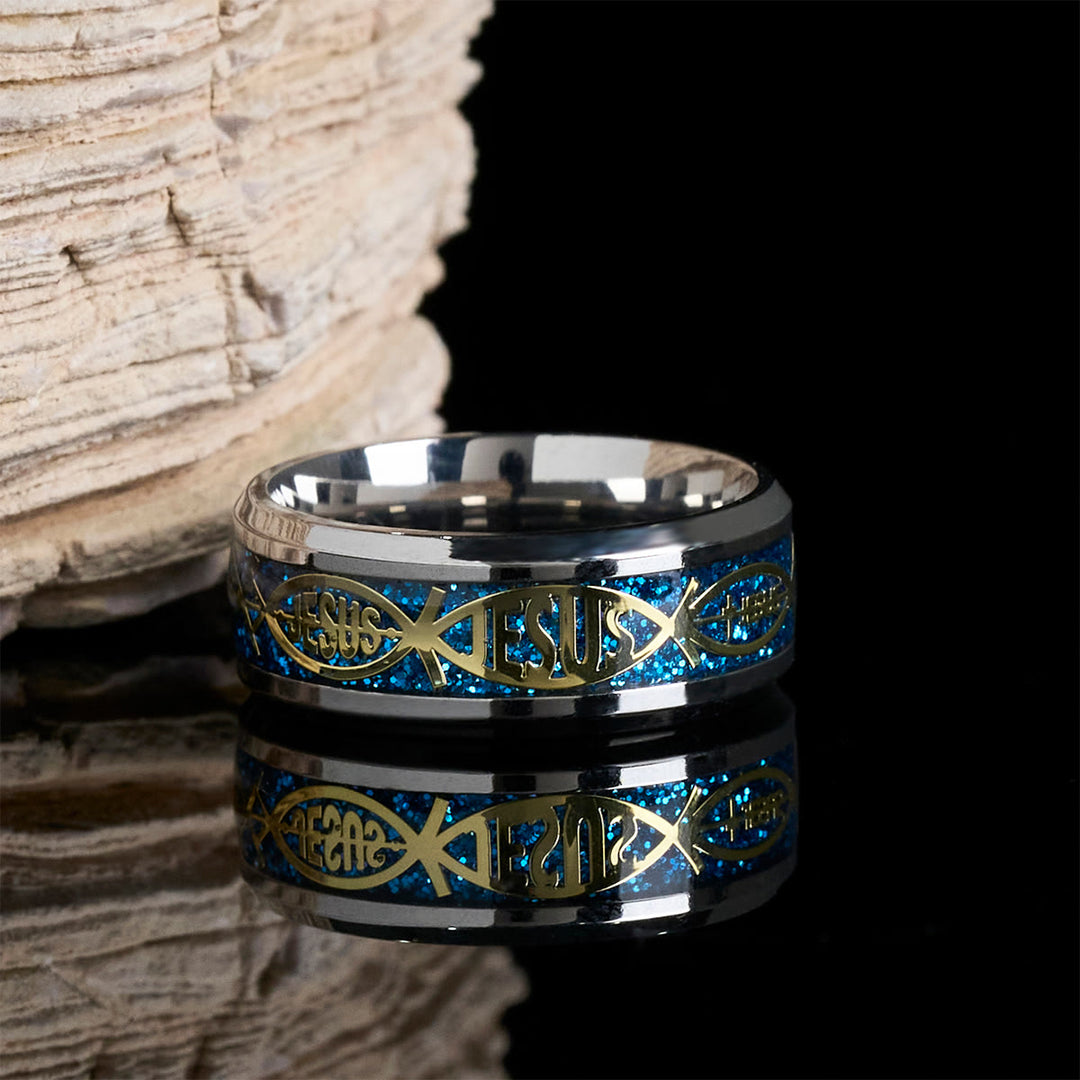 Anello rustico in acciaio inossidabile Christianartworkshop : "Gesù" in pesce - Blu - US 13 - image 1