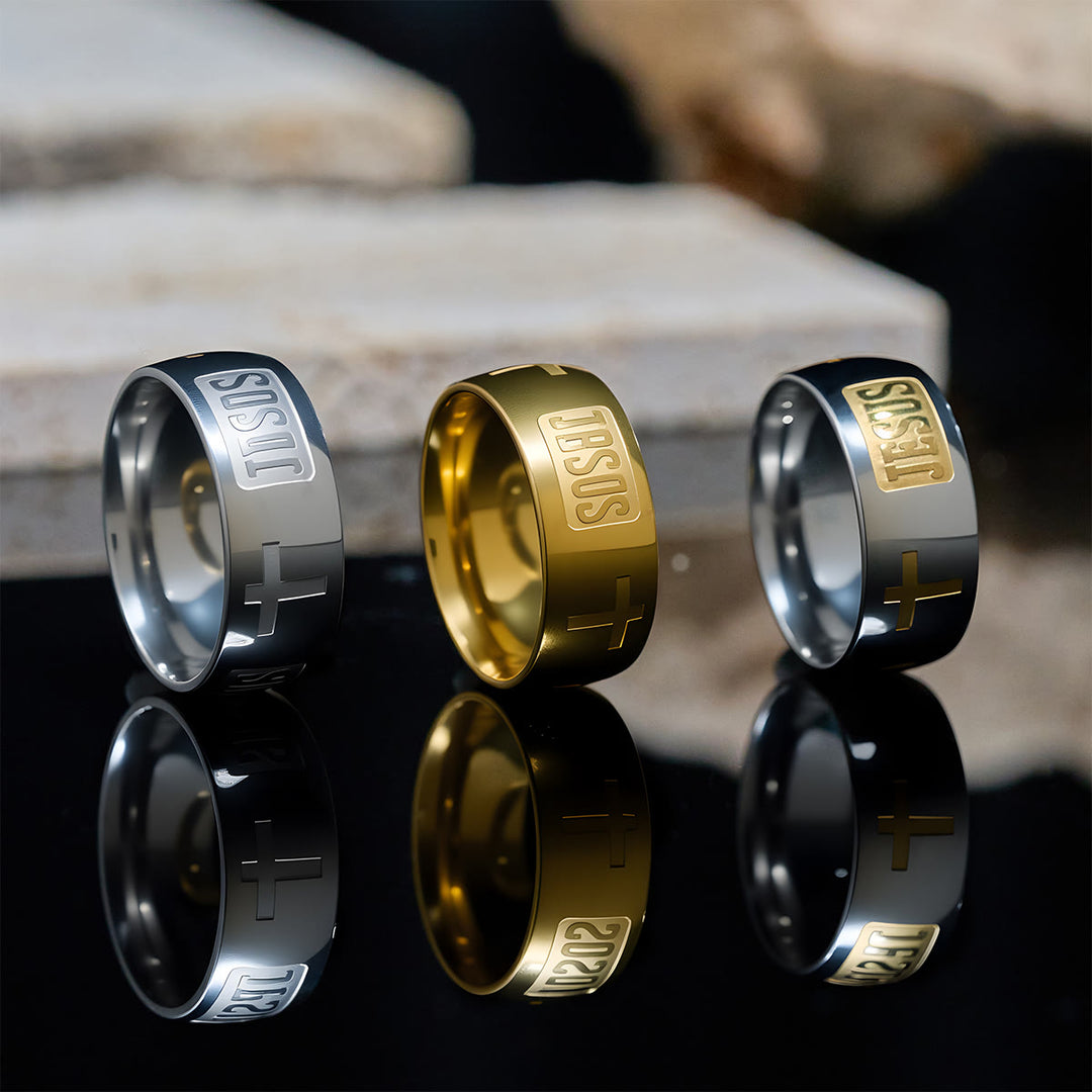 Christianartworkshop Anello bicolore dorato con simbolo di GESÙ e croce benedetto - Argento-oro - US 7 - image 0