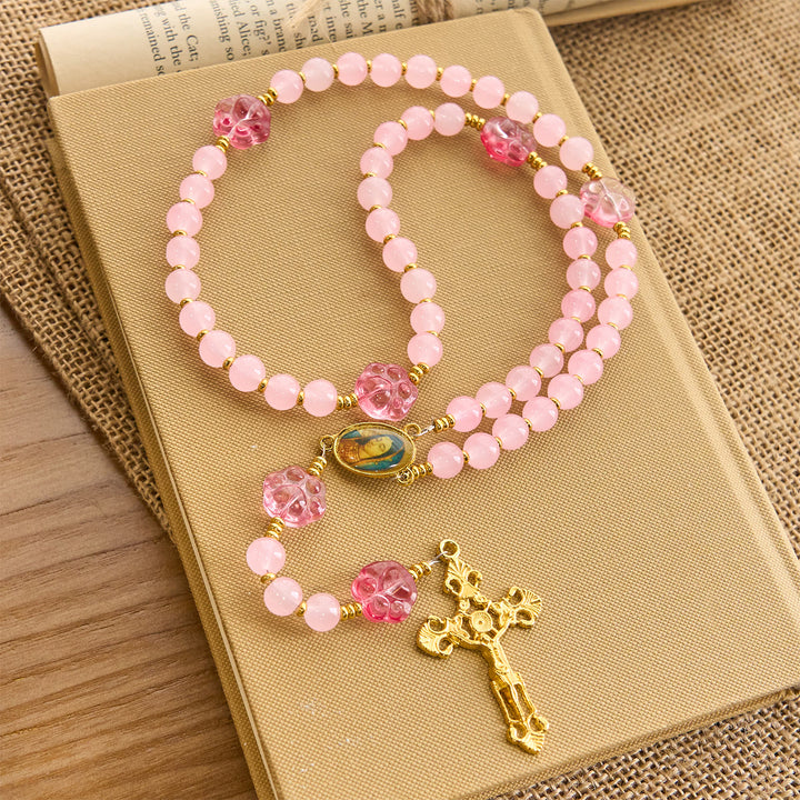 Christianartworkshop Benedizione per animali domestici con quarzo rosa e ciondolo a forma di zampa di cane della Madonna Rosario per animali - image 1