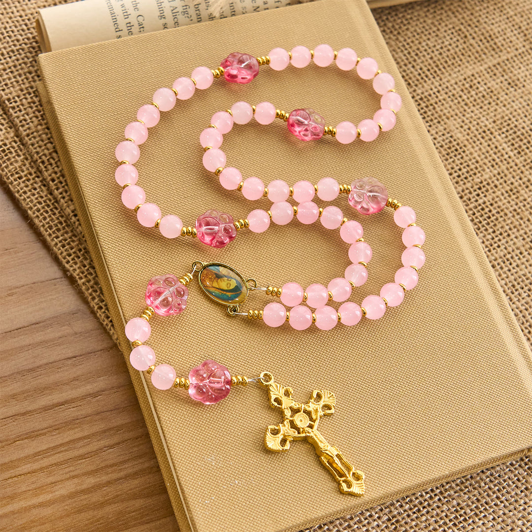 Christianartworkshop Benedizione per animali domestici con quarzo rosa e ciondolo a forma di zampa di cane della Madonna Rosario per animali - Rosario della zampa rosa - image 0