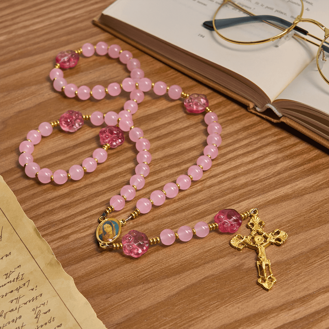 Christianartworkshop Benedizione per animali domestici con quarzo rosa e ciondolo a forma di zampa di cane della Madonna Rosario per animali - image 3