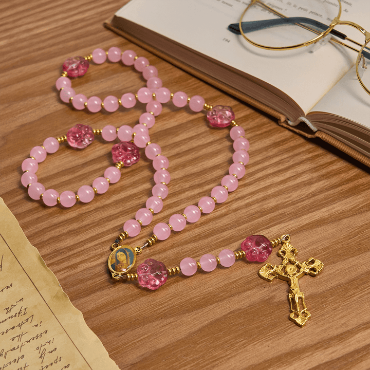 Christianartworkshop Benedizione per animali domestici con quarzo rosa e ciondolo a forma di zampa di cane della Madonna Rosario per animali - image 3