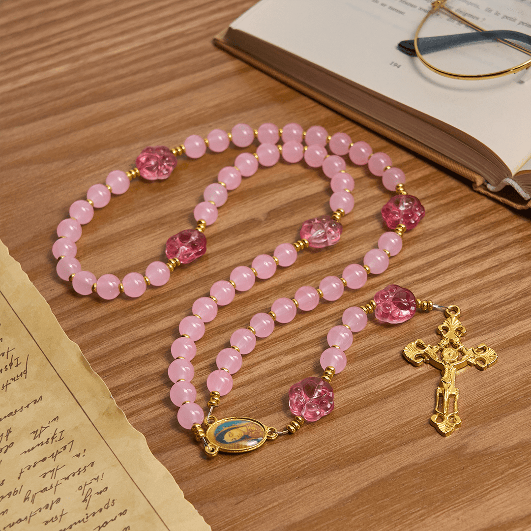 Christianartworkshop Benedizione per animali domestici con quarzo rosa e ciondolo a forma di zampa di cane della Madonna Rosario per animali - image 2