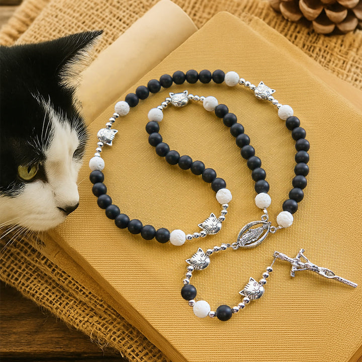 Christianartworkshop Braccialetto con ciondolo a forma di gatto e mucca in pietra lavica nera e bianca opaca e rosario con animali  - Rosario - image 0