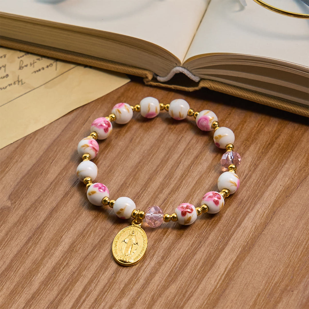 Christianartworkshop Elegante bracciale in ceramica rosa con motivo floreale da 8 mm e medaglia miracolosa - Bracciale in ceramica rosa - image 0