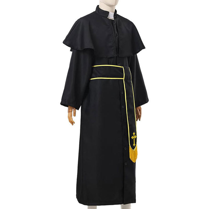 Christianartworkshop Abito talare nero in stile medievale con cintura a nappe incrociate e collo a scialle - image 11