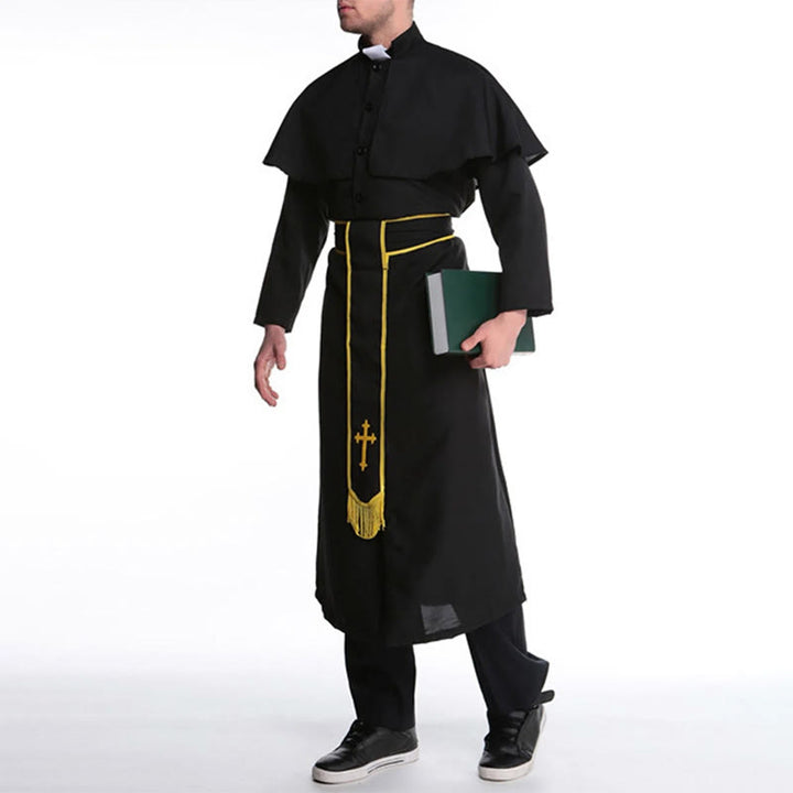 Christianartworkshop Abito talare nero in stile medievale con cintura a nappe incrociate e collo a scialle - image 9