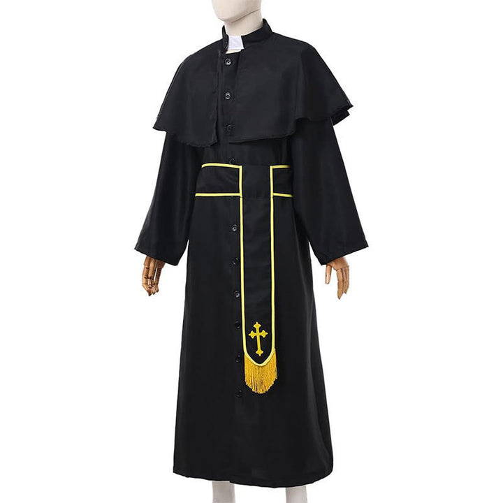 Christianartworkshop Abito talare nero in stile medievale con cintura a nappe incrociate e collo a scialle - image 12