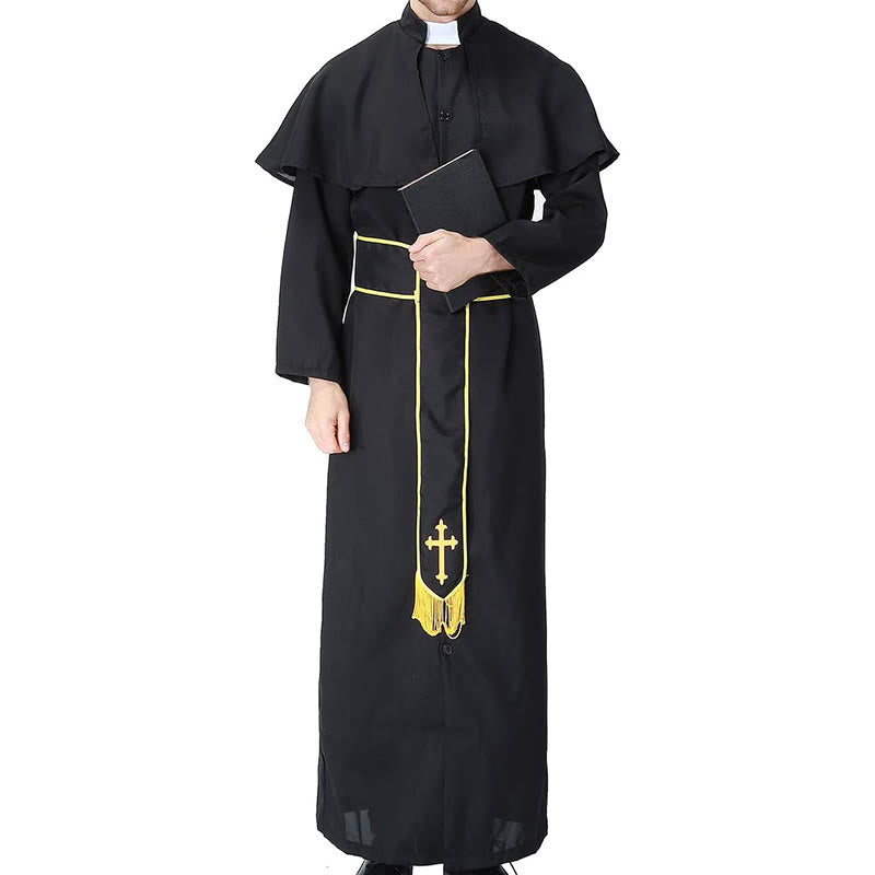 Christianartworkshop Abito talare nero in stile medievale con cintura a nappe incrociate e collo a scialle - image 8