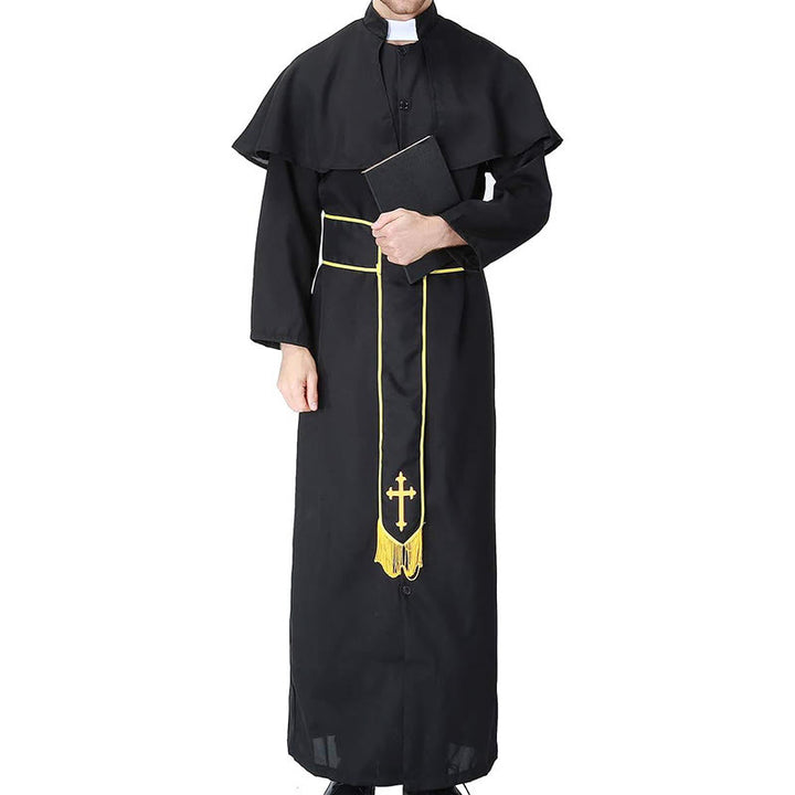 Christianartworkshop Abito talare nero in stile medievale con cintura a nappe incrociate e collo a scialle - image 8