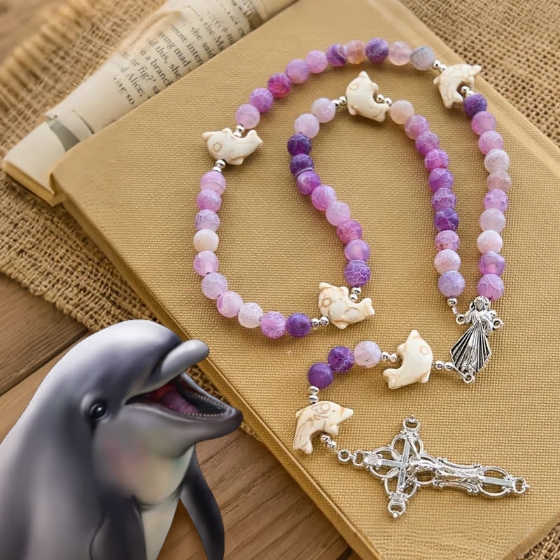 Christianartworkshop Oceano di fede Agata viola anticata e ciondolo a forma di delfino Rosario animale - Rosario dei delfini - image 0