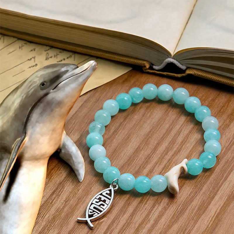 Christianartworkshop Ocean Grace Bracciale con ciondolo a forma di delfino e malachite naturale e ichthys - Azzurro chiaro - image 21