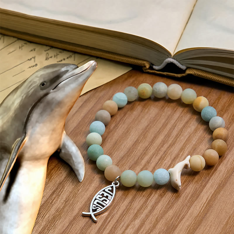 Christianartworkshop Ocean Grace Bracciale con ciondolo a forma di delfino e malachite naturale e ichthys - Verde chiaro - image 0